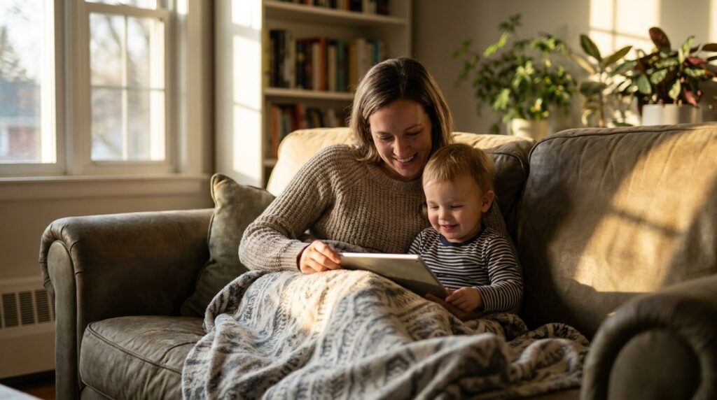 Moeder en jong kind kijken samen naar een tablet op de bank