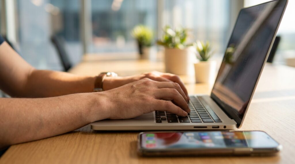 Close-up van handen die typen op een laptop naast een smartphone met een social media app