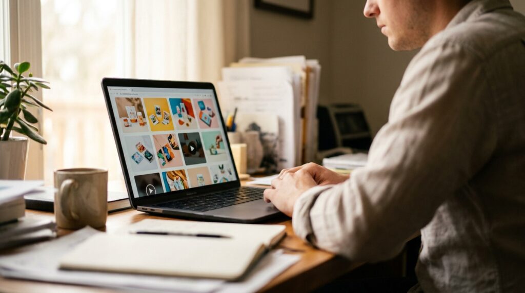 Marketeer bekijkt verschillende soorten advertentiecreatives naast elkaar op een laptopscherm