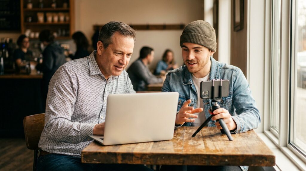 Ondernemer en content creator overleggen aan een cafétafel over een samenwerking, met een laptop en een smartphone op een statiefje