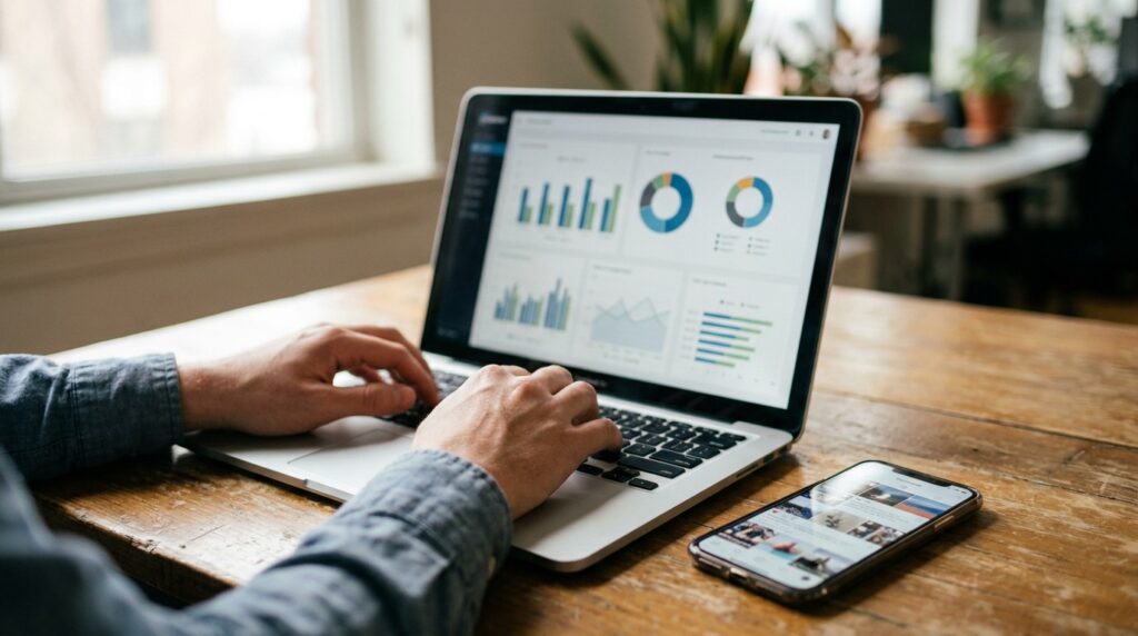 Ondernemer die op een laptop een advertentiedashboard bekijkt naast een smartphone met een social media app