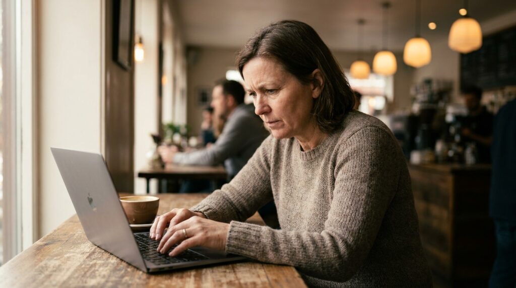 Vrouw werkt geconcentreerd aan een laptop in een cafe terwijl ze een advertentiecampagne instelt