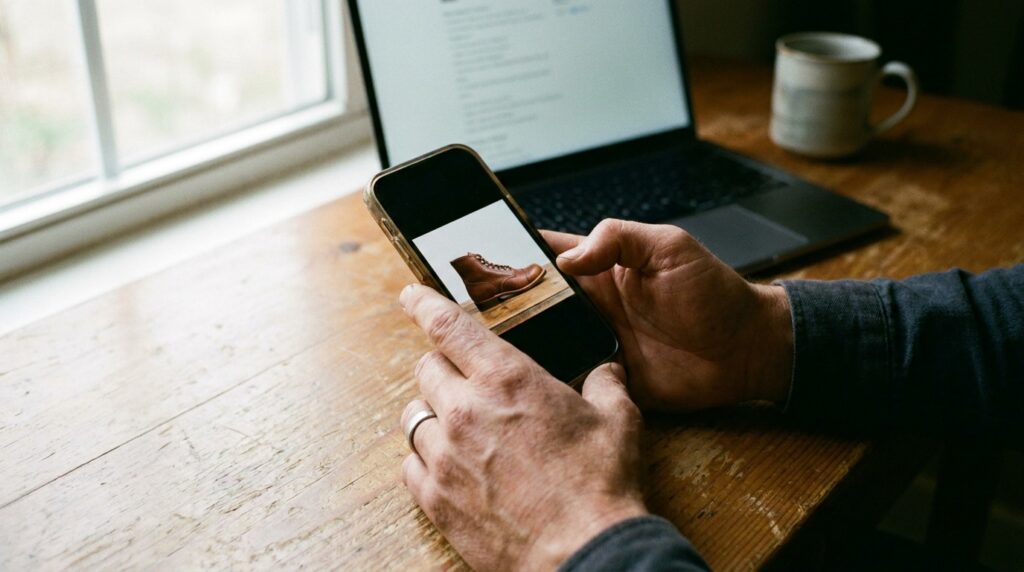 Ondernemer houdt een smartphone met een productfoto vast naast een laptop, als voorbereiding op een video-advertentie