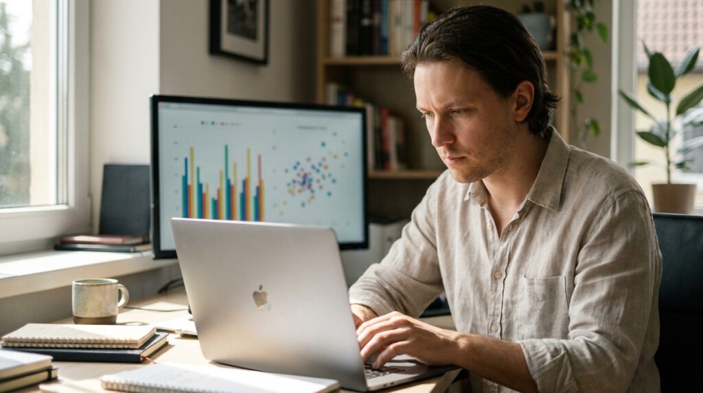 Ondernemer werkt aan een laptop met klantgegevens en grafieken op het scherm in een kantoor