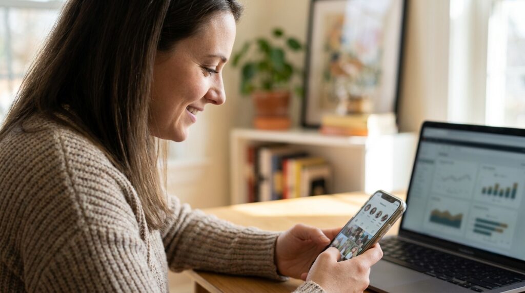 Ondernemer bekijkt een social media feed op zijn telefoon aan een bureau met een laptop ernaast